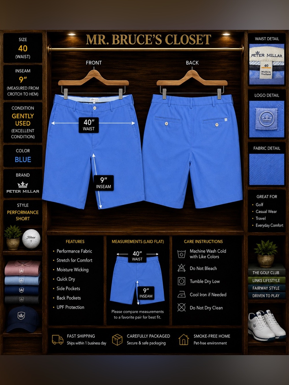 Peter Millar Blue Performance Golf Shorts
